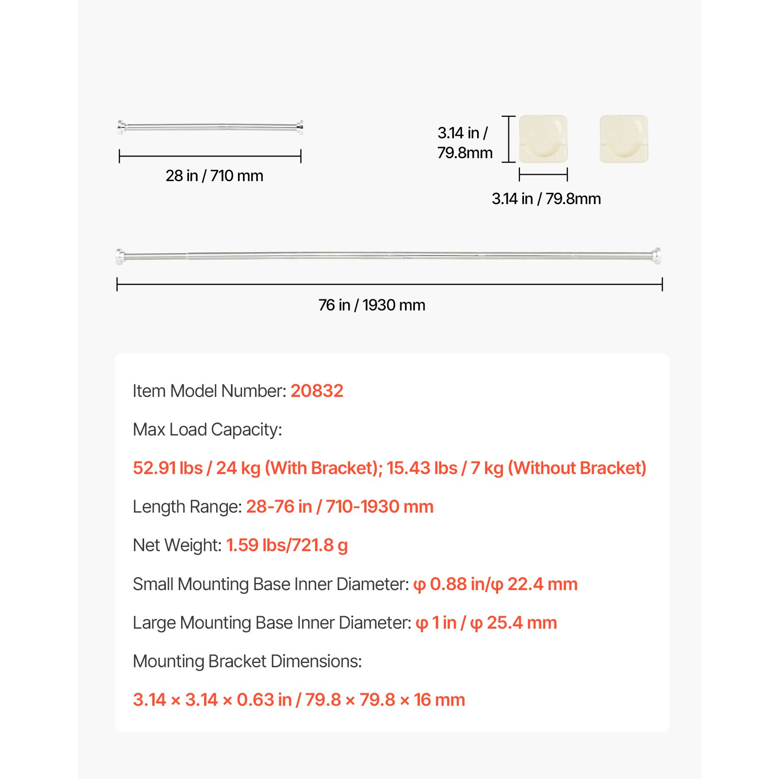 Uimoso Adjustable Tension Shower Rod, 28-76 in, Stainless Steel, Silver