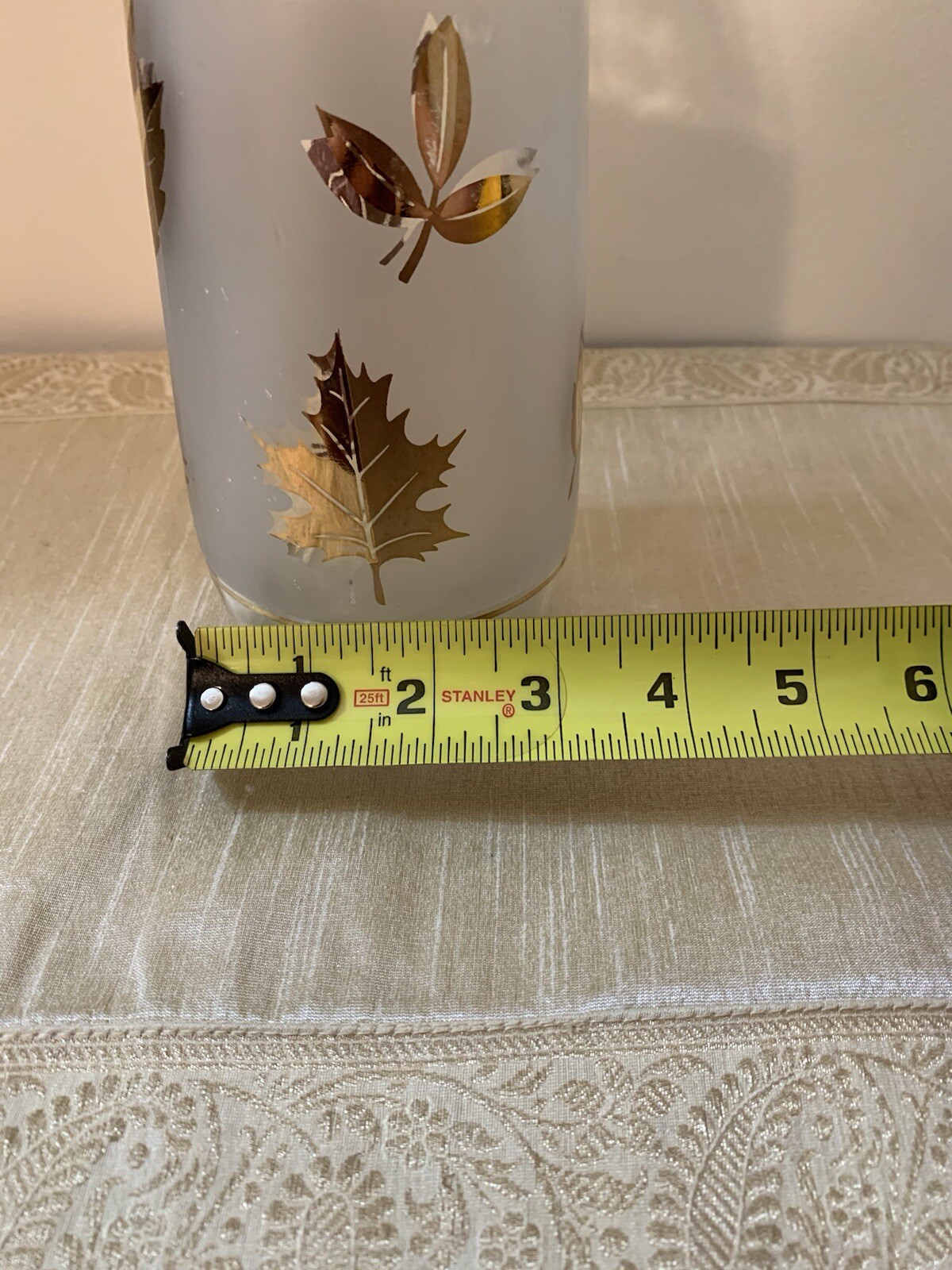 Vintage Libbey Frosted White with Gold Leaves Bottle/Decanter 12” Tall 3” High