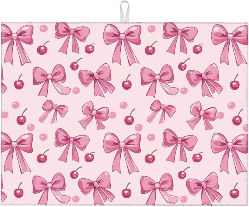 Dish Drying Mat for Kitchen Pink Bow Pattern Cherry Counter Absorbent Dishes