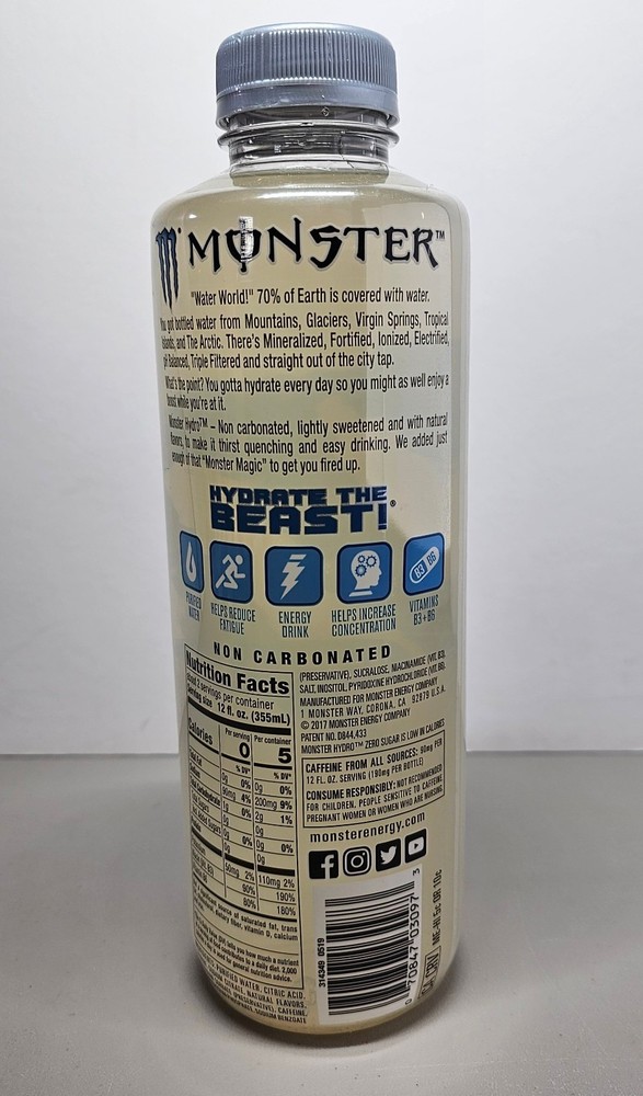 Monster Energy Hydro Zero Sugar Original Clear Unopened Bottle SEALED