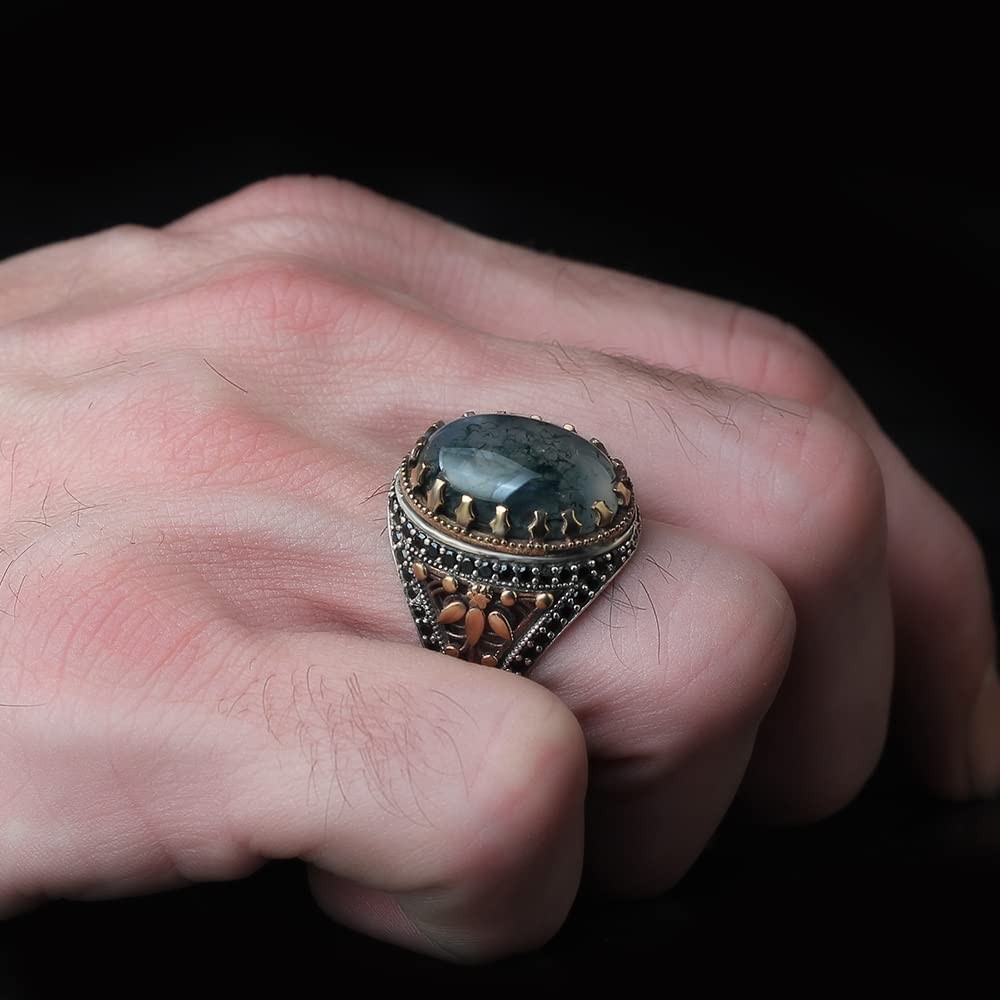 Moss Agate Men's Silver Ring, Handmade Moss Agate Stone Silver Ring for Men,