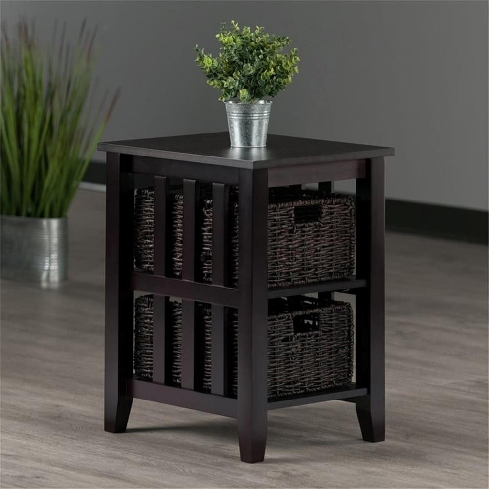 Bowery Hill Transitional Wood Side Table with 2 Foldable Baskets in Espresso