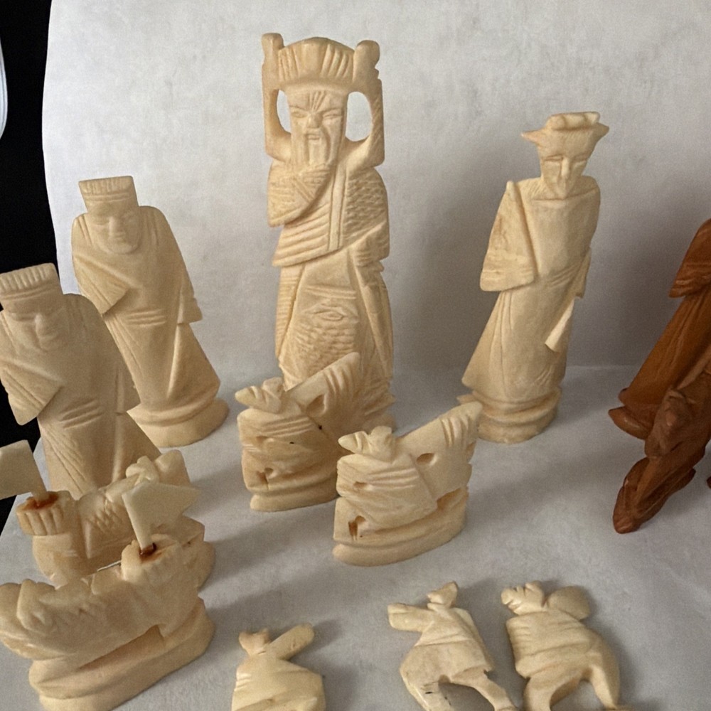 Vintage Asian Carved Bone Chess Set