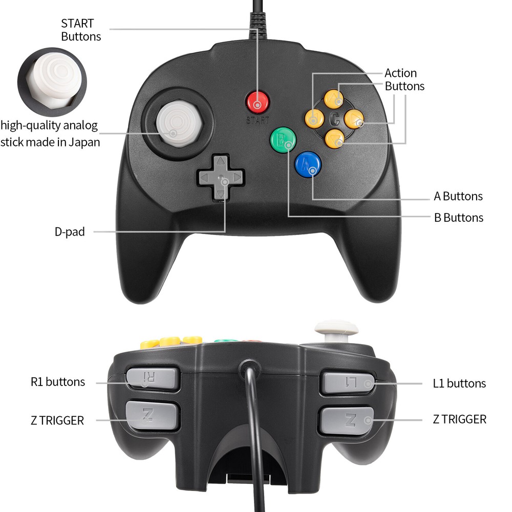 Wired USB N64 Controller Gamepad Joypad for Switch Windows PC MAC Raspberry Pi