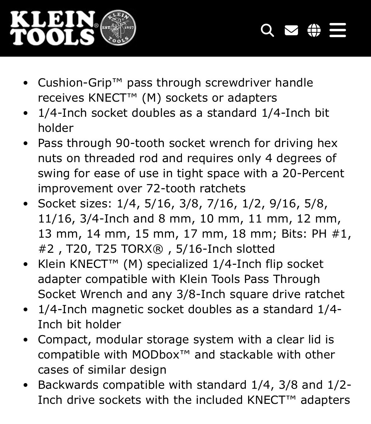 Klein Tools 65500KNECT Complete Impact Pass-Through Flip Socket Set 39-Piece NEW