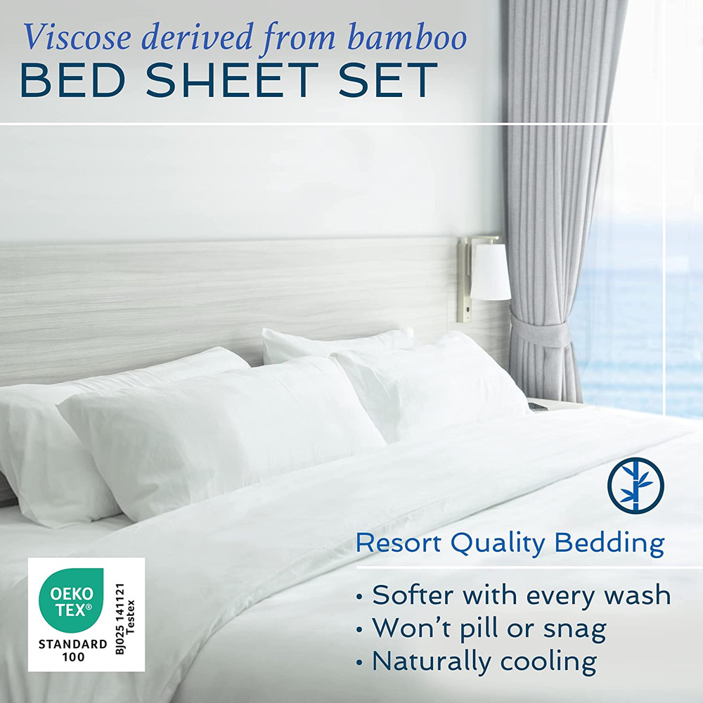 4 Piece Bed Sheet Set King Size, 100% Viscose Derived from Bamboo Sheets Set wit