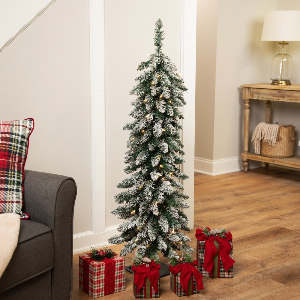 Pre-Lit Pencil Flocked Alpine Artificial Christmas Tree - 4' - Clear Lights