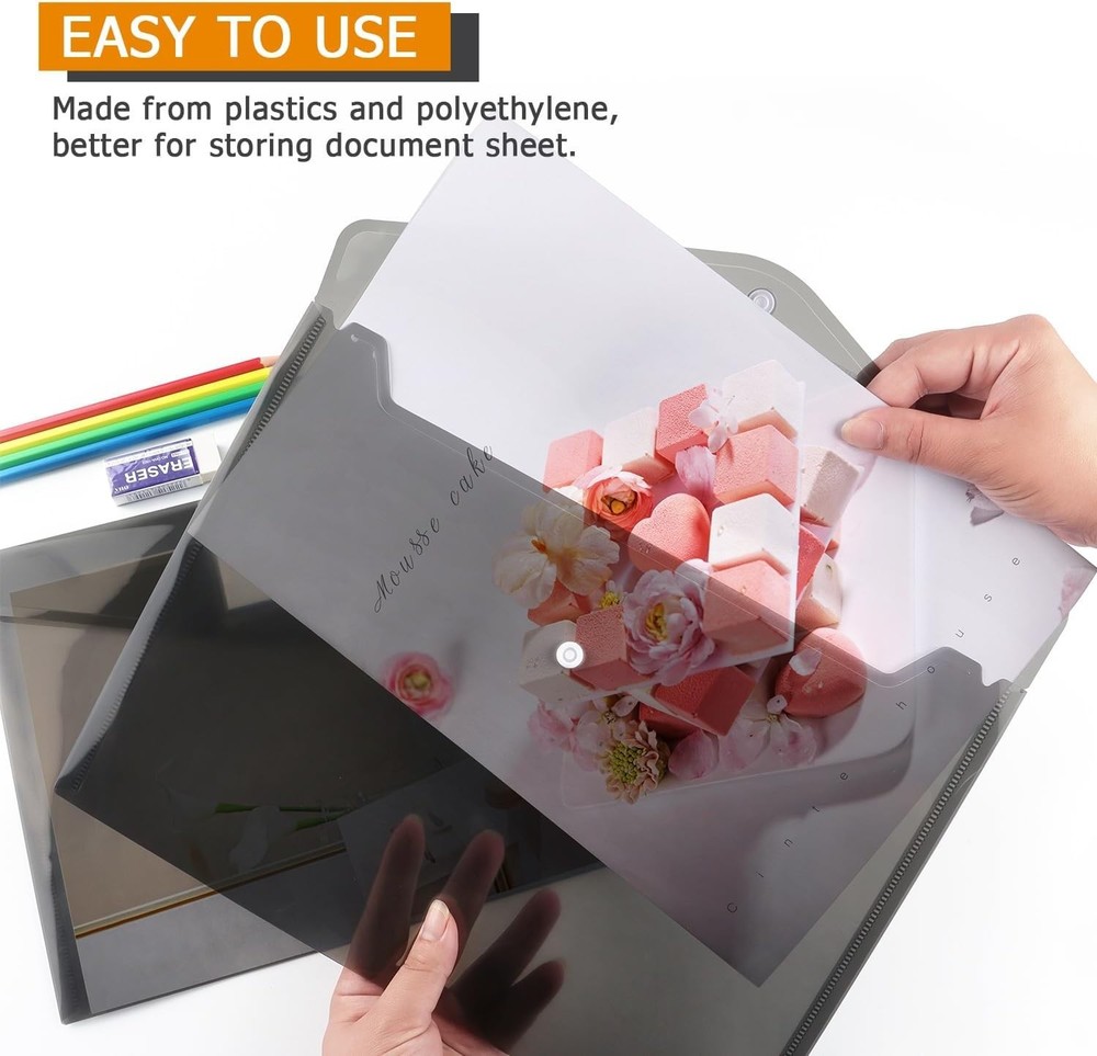 Translucent 6 Pack Plastic Envelopes with Snap Button & Label Pocket - Dark Grey