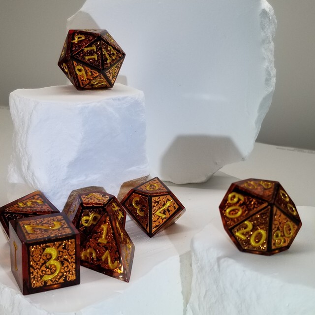 Sage's Arabesque Copper Sharp Edge Resin Polyhedral Dice Set DnD RPG TTRPG