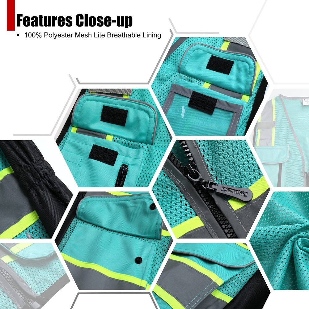 High Visibility Reflection Peacock Mesh Safety Vests with 8 Pockets and Front...
