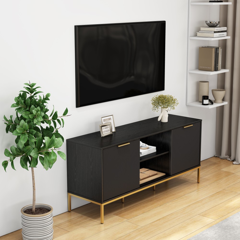 Mid Century Modern TV Stand w Wave Doors Gold Legs Soft Close