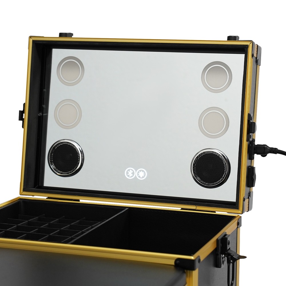 Rolling Makeup Case with Mirror Light Bluetooth Speaker Black Gold Trim Lockable