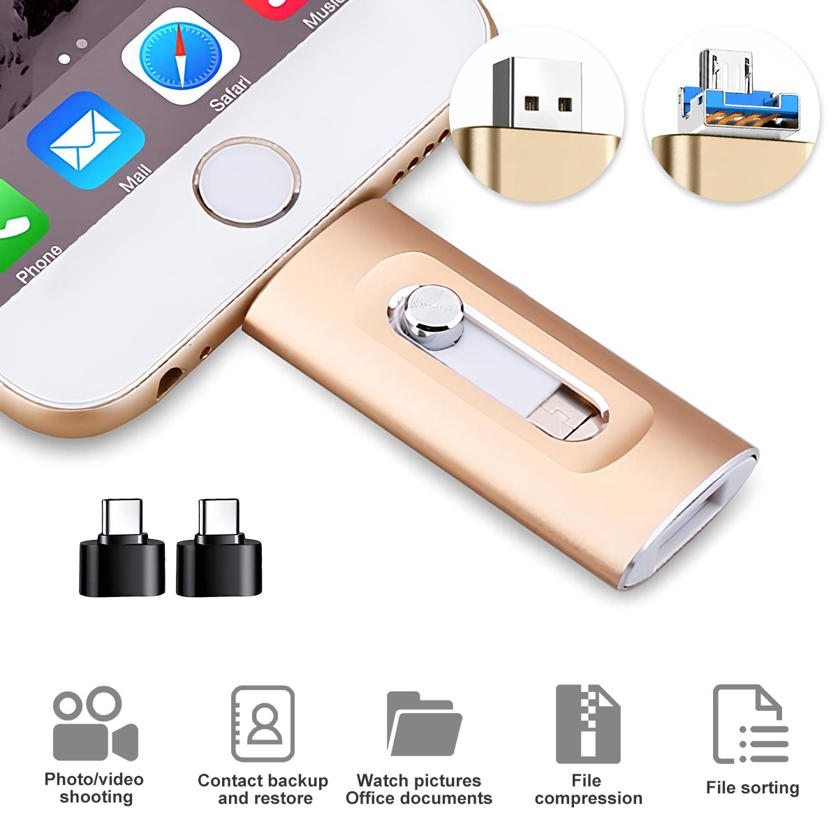 4in1 Flash Drive High Speed USB Memory Storage Photo Stick for iPhone Androind