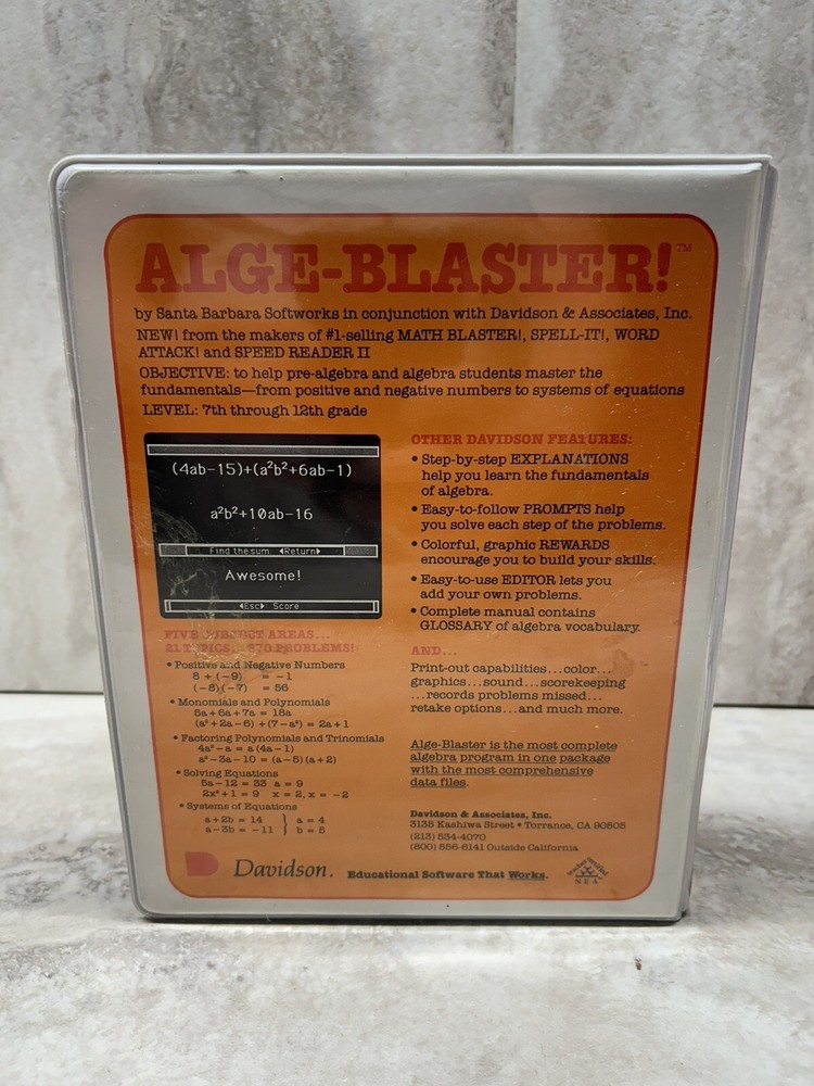 1985 Apple II IIe Computer Program ALGE-BLASTER Math School Algebra 5.25"