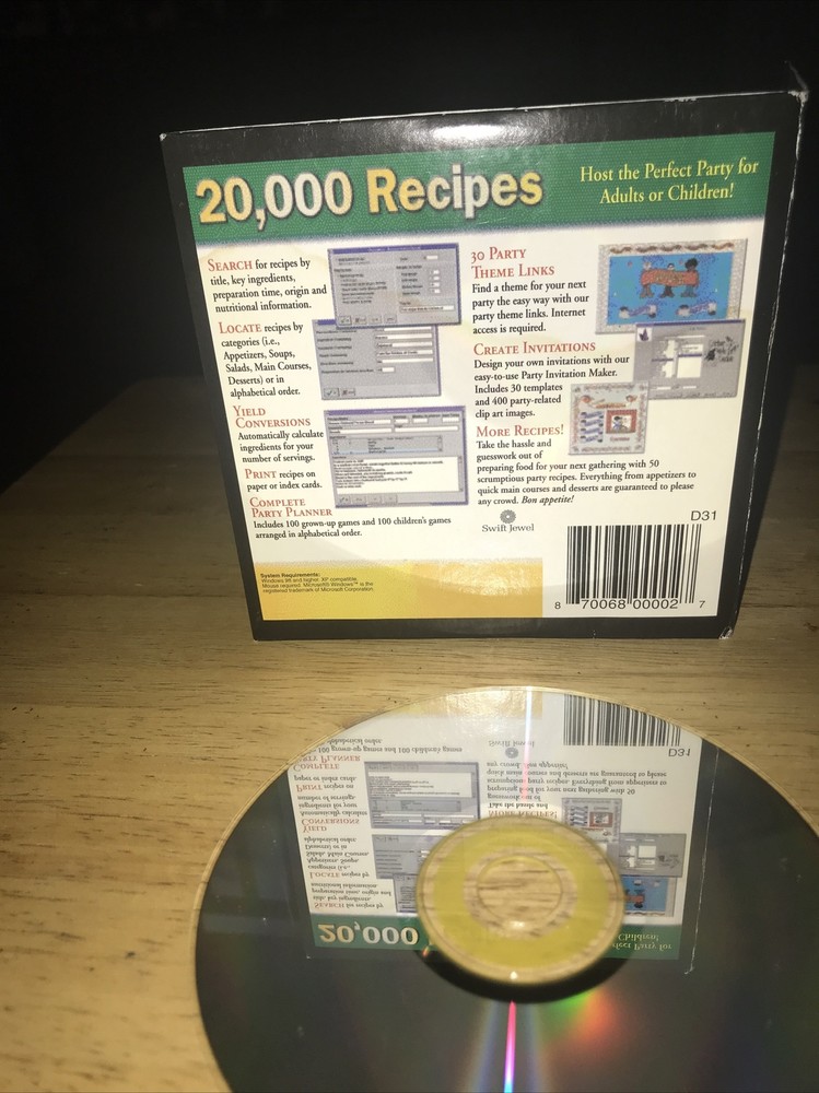 20,000 Recipes PC CD-ROM Reference Disc Cardboard Sleeve & Working Disc