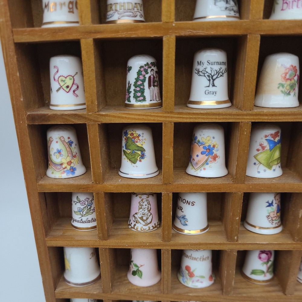 Vintage Thimble Display Case with 50 Mixed Various Thimbles Good Condition