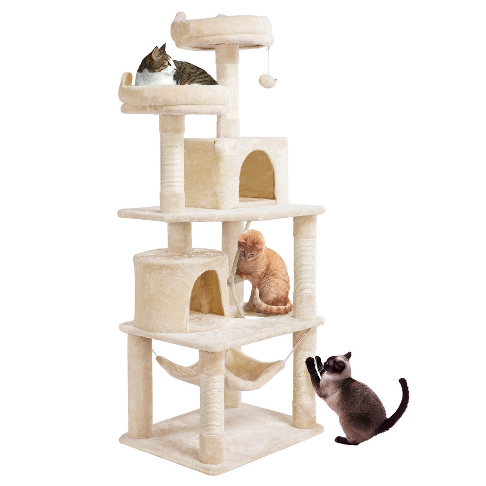 62.5" Multi-Level Cat Tree Tower w/ 2 Condos, Hammock & Scratching Posts Beige