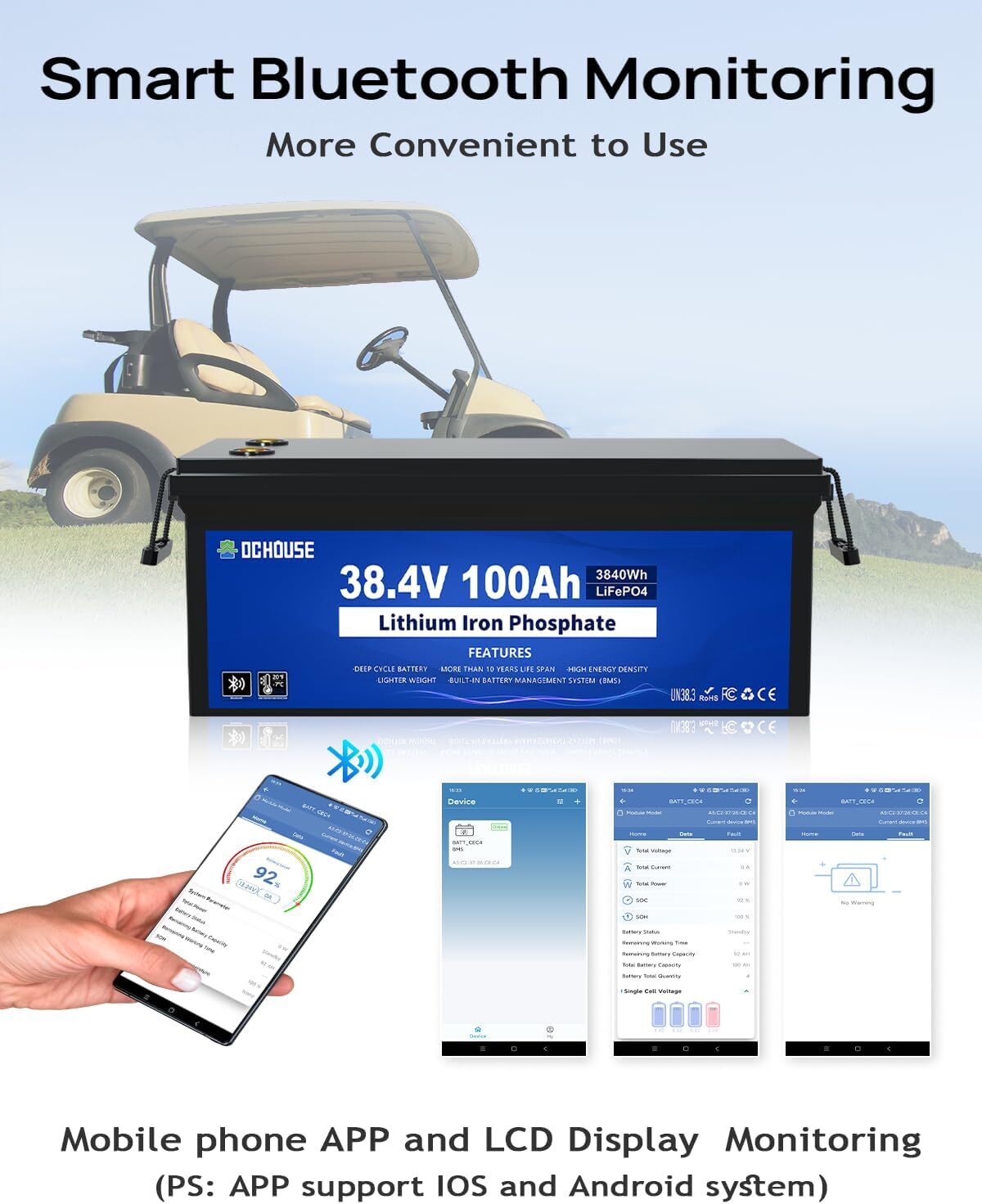 36V 100Ah Lithium Golf Cart Battery with 25A Charger BluetoothTrolling Motor RV