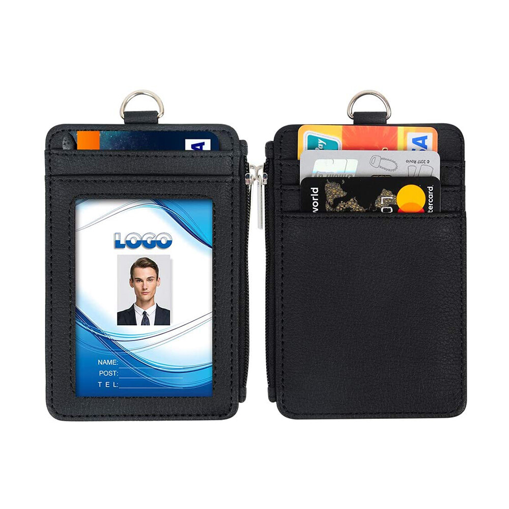 Leather ID Card Holder Vertical badge Wallet Multiple Slots Neck Strap Lanyard