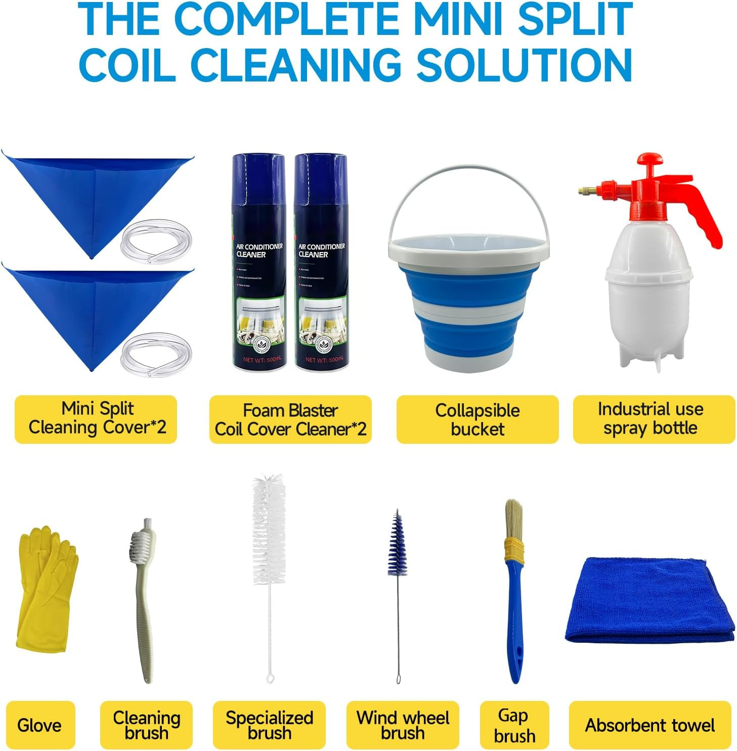 Mini Split AC Cleaning Kit - 2 Cleaners, Tools & Waterproof Bags Included