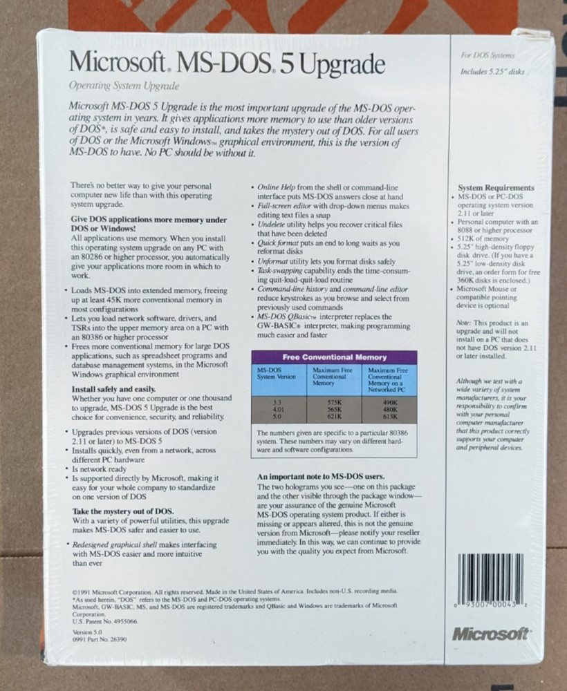 Microsoft MS-DOS 5 Upgrade 5.25" Floppy Disk Operating System