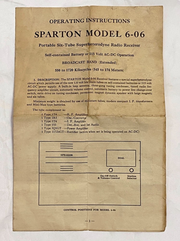 Sparton Model 6-06 Radio Parts – Lucite Handle, Knobs, Dial Face & Pointer +