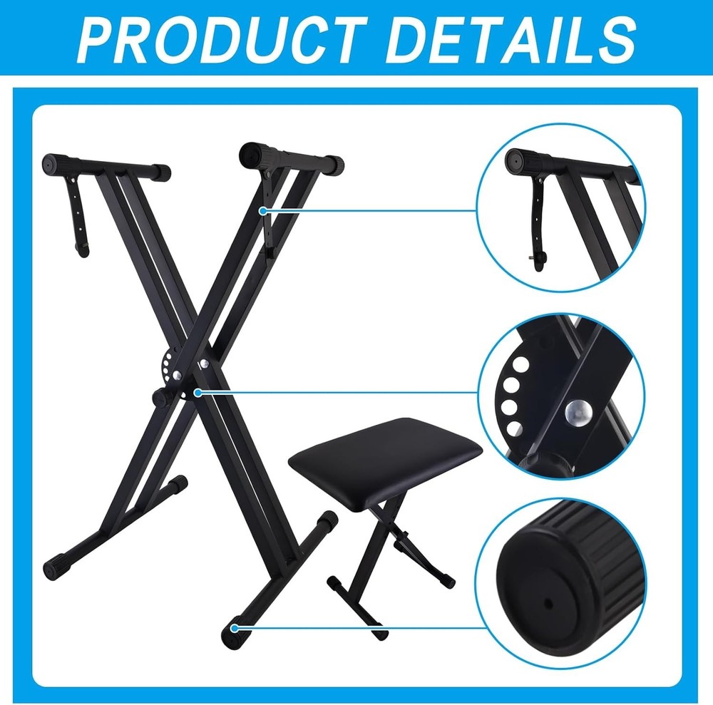 Adjustable Double-X Piano Keyboard Stand and Bench Set Black