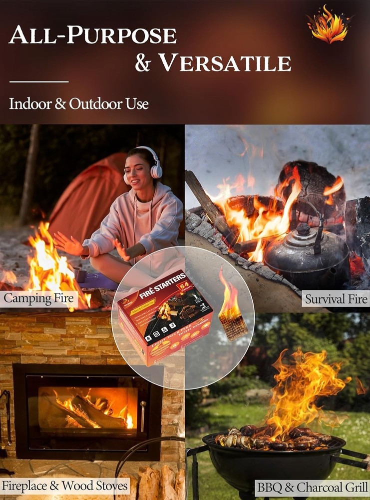 Natural & Safe 64 Mini Fire Starter Cubes for Campfires & BBQs - Easy Ignition