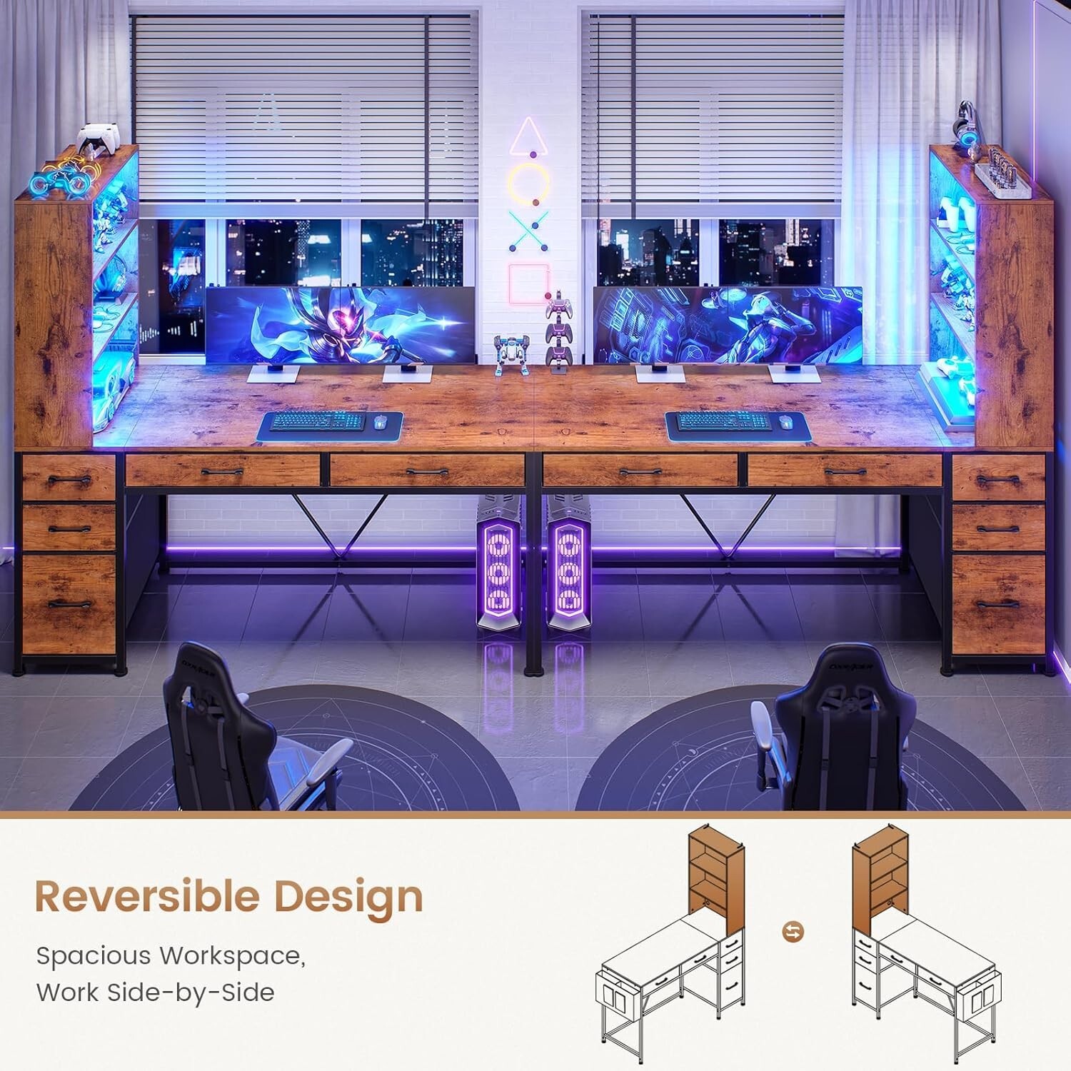 Computer Desk with 5 Drawers&Bookshelf, Reversible Home Office Desk w/LED Lights