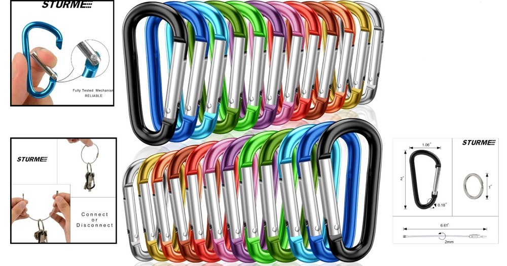Spring Loaded D Ring Carabiners - 24 Count Aluminum Clips for Multi-Purpose Use