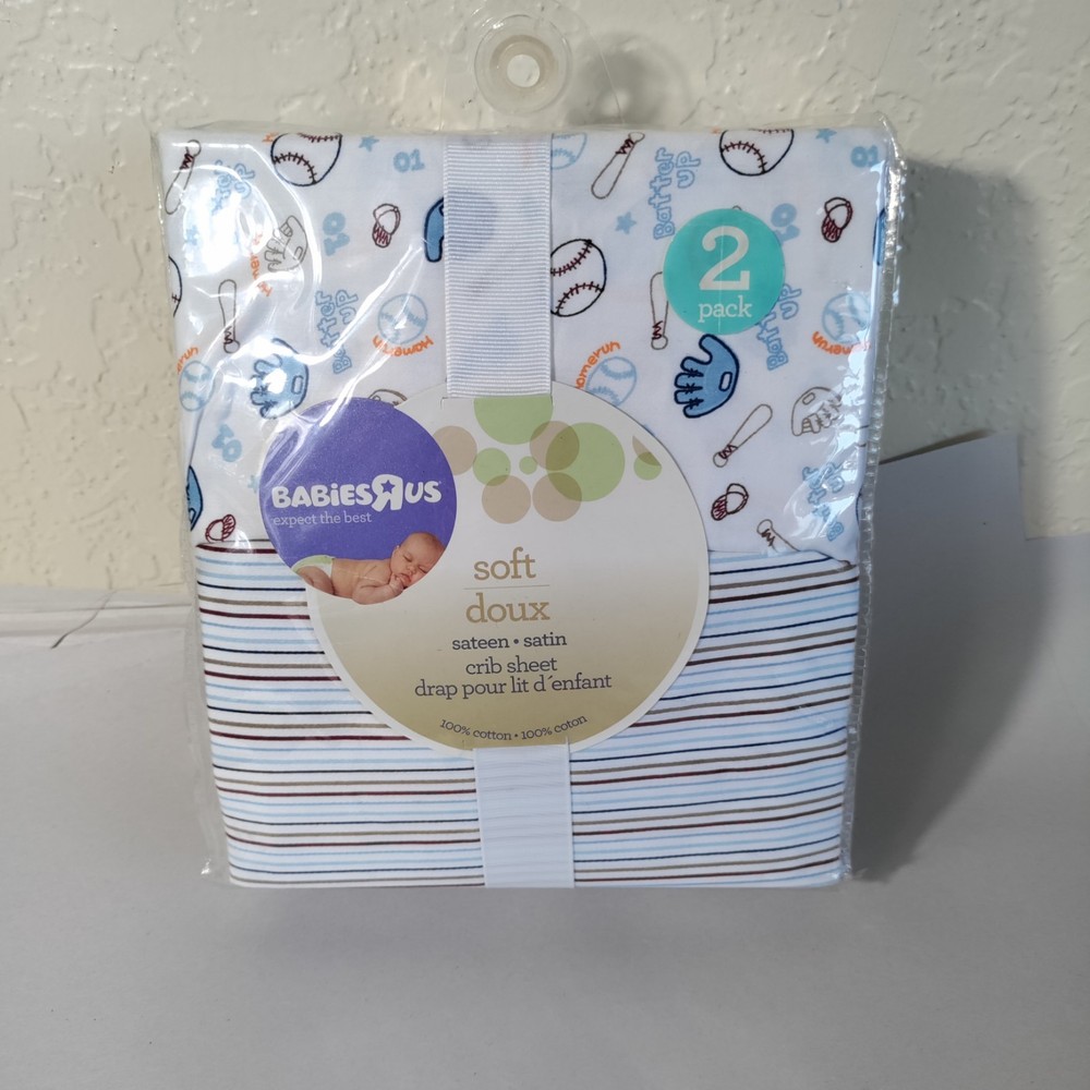 NEW Babies R Us Soft 2 Pack Sateen Satin Crib SheetsBaseball Theme Striped