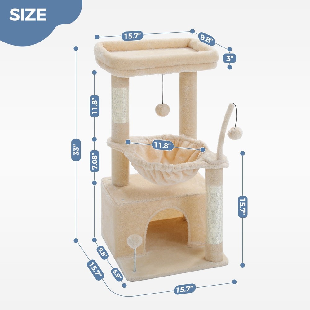 33" Cat Tree Tower with Large Top Perch & Hammock - Beige Cat Scratching Post