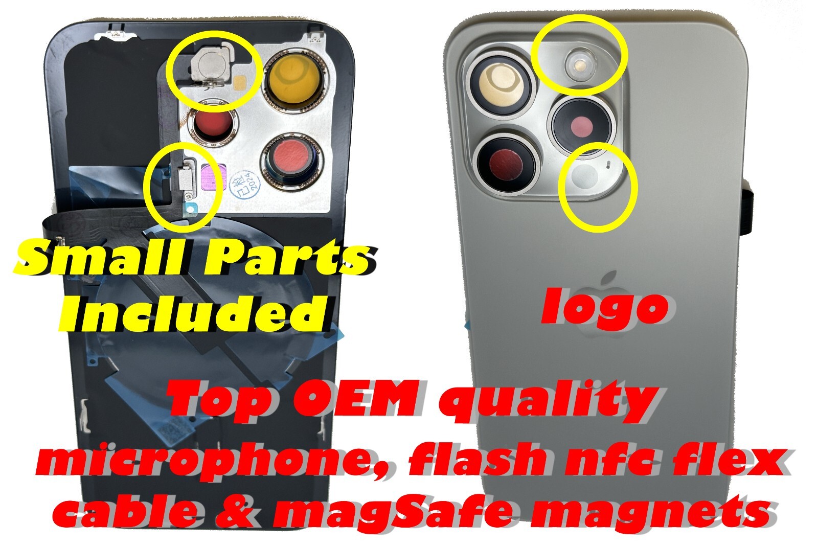 iPhone 15 Pro & Pro Max Back Glass Cover: Rear Door with flex cables: flash mic