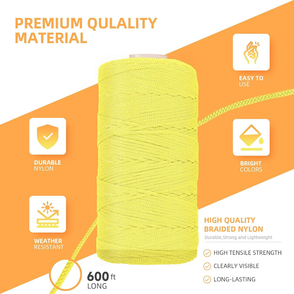 Yellow Mason Line 600 Ft #18 Braided Nylon Twine String for Masonry, Constructio