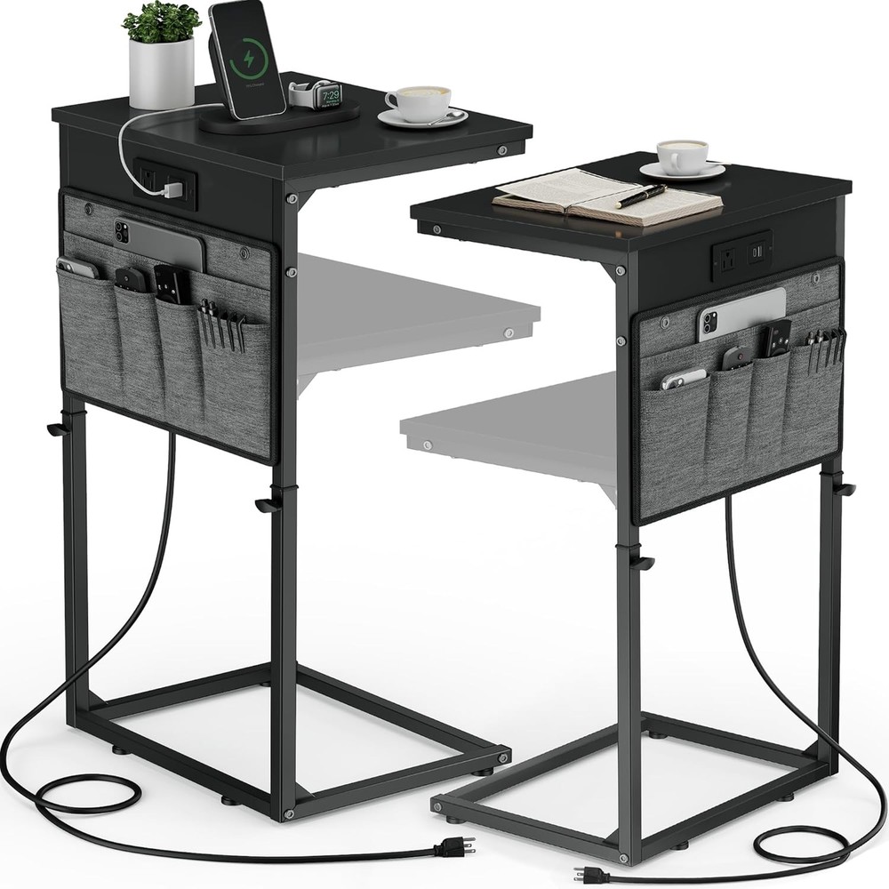 C Shaped End Table W/ Charging Station 33"Tall C Table End Table Adjustable