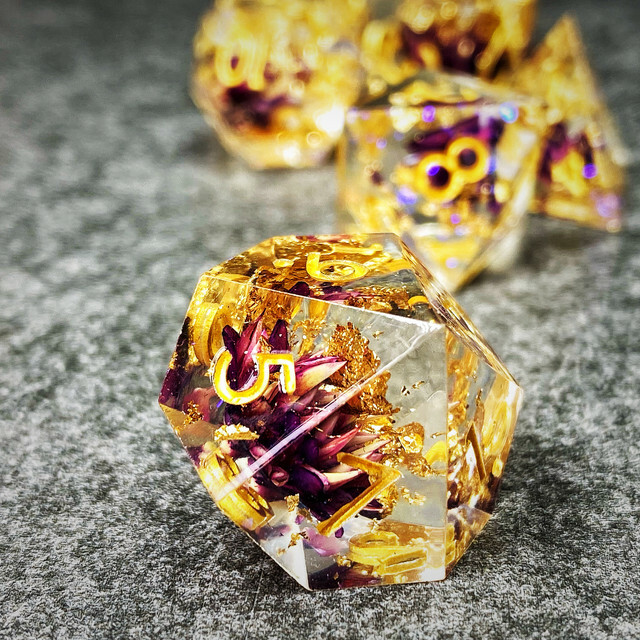 Sage’s Enchanted Flower Purple Sharp Edge Resin Polyhedral Dice Set DnD