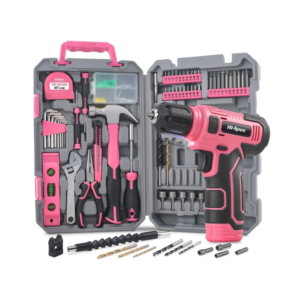 Hi-Spec Pink Tool Set with 8V Drill Set. Complete Cordless & Rechargeable USB...