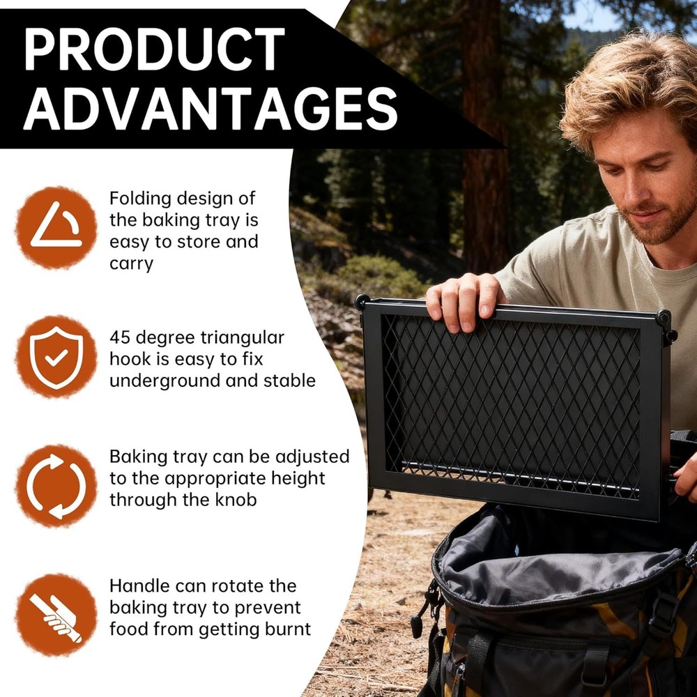 Folding Campfire Grill grate, Compact Height-Adjustable Fire Pit Grilling Grate,