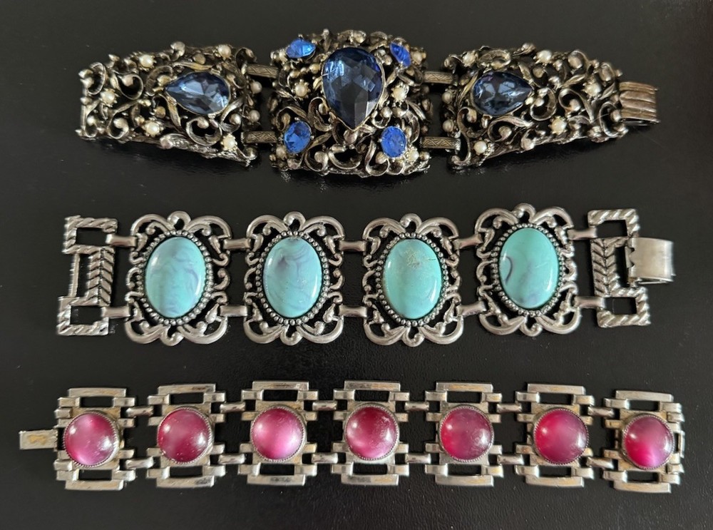 3 Vintage Wide Cuff Style Rhinestone Cabochon Bracelets Unsigned