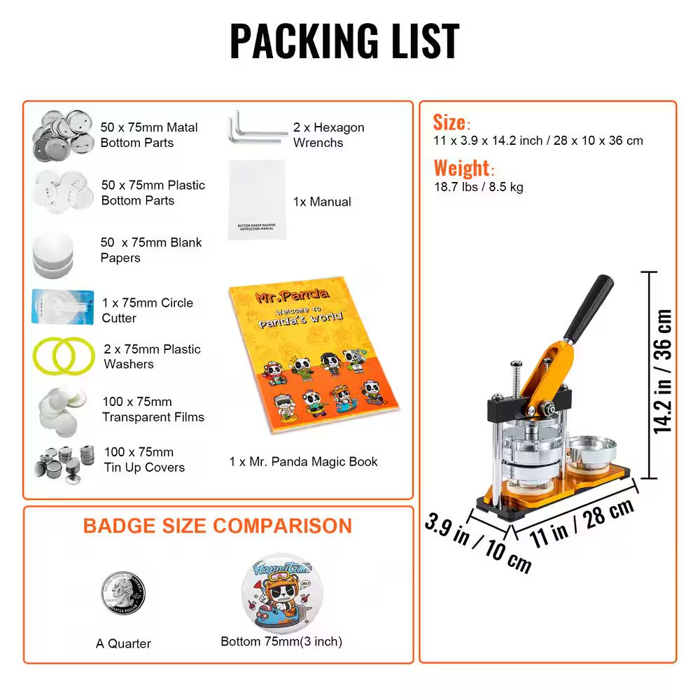 Button Maker Machine, 75 Mm Badge Punch Press Kit, DIY Pin Maker, Includes 500 B