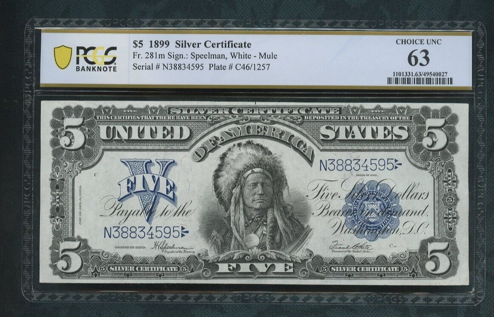 1899 Silver Certificate    $5 dollars Fr # 281  PCGS 63 "MULE"