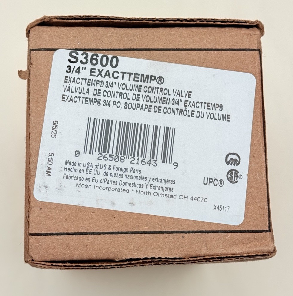 S3600 Moen, 3/4" Exacttemp Volume Control Valve