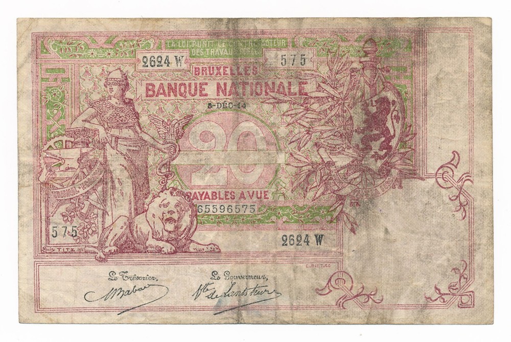 Belgium 20 Francs 1914 P.  67 Fine Note