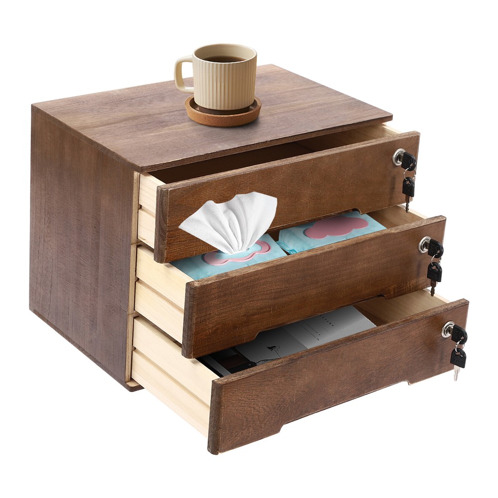 Walnut Desktop Storage Cabinet with 3 Lockable Drawers for Organized Workspaces