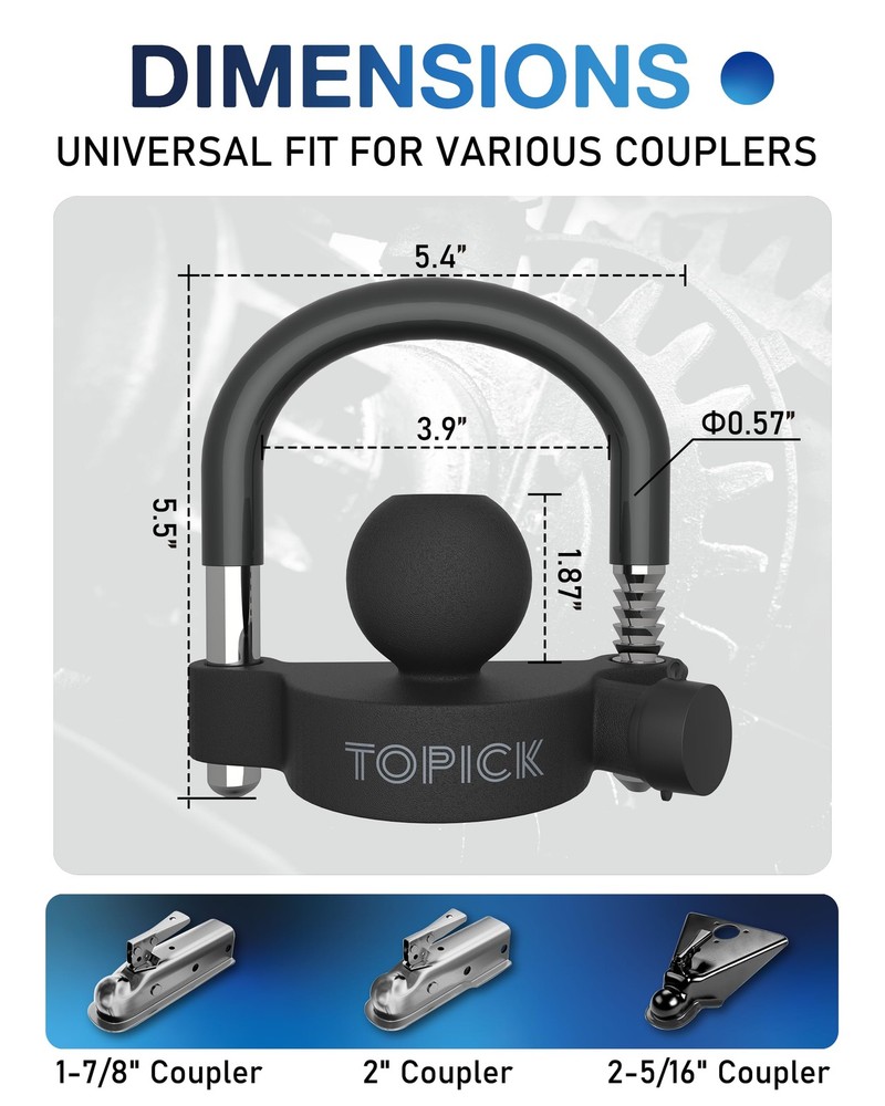 TOPICK Trailer Coupler Lock, Universal Ball Matt Black