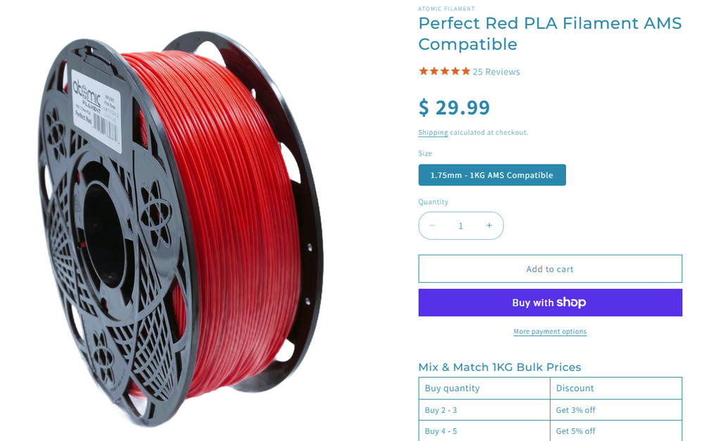 Atomic Filament PLA-1KG1.75- Perfect Red Printer Filament
