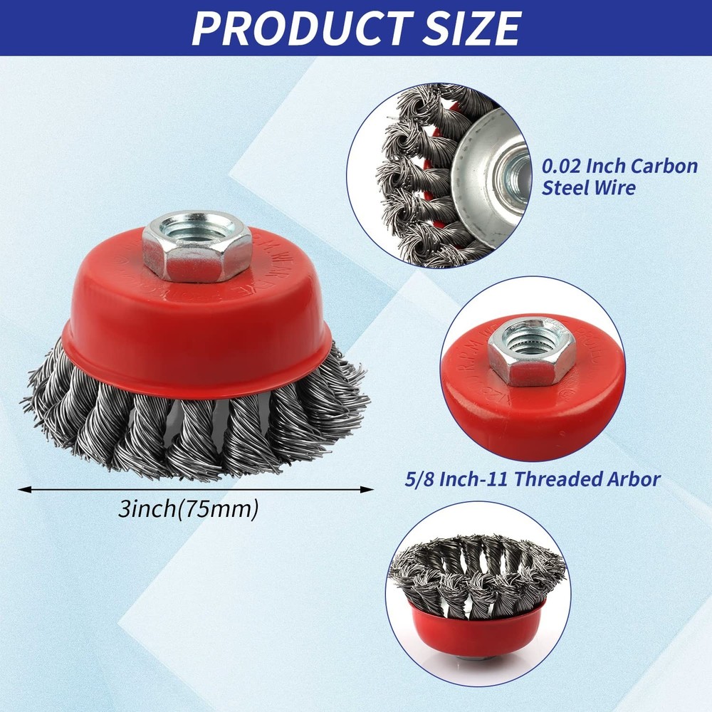 Heavy Duty 3 Pack Angle Grinder Wire Wheel Brush Set - Rust & Surface Cleaning