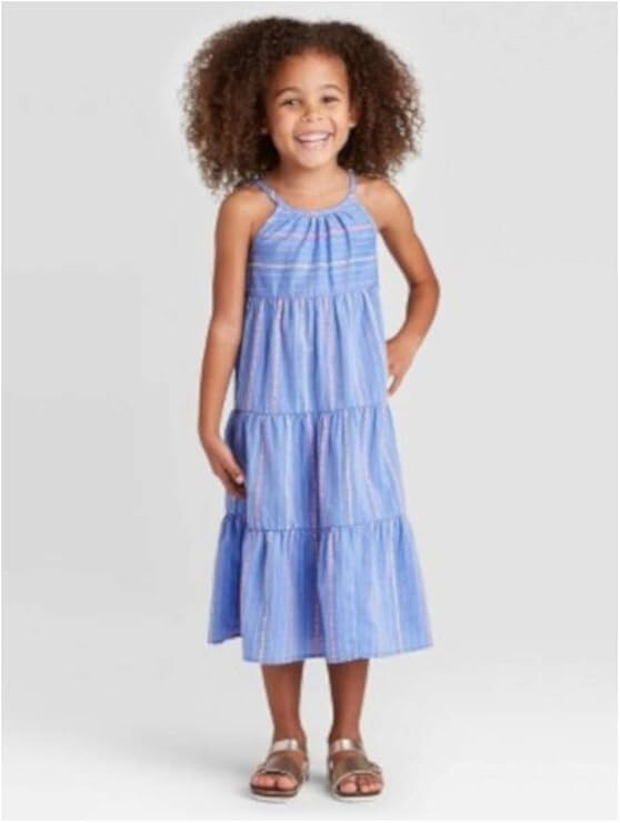 Cat & Jack Girls Chambray Striped Tiered Maxi Dress 5T New