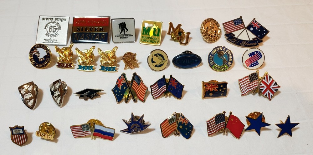 Lapel Pins 31 Pieces Miscellaneous US & British Flags Eagle MU ETC