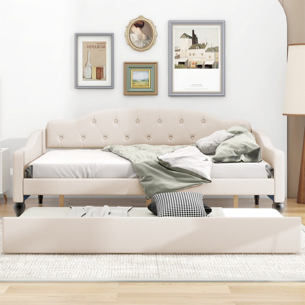 Full Size Daybed w/ Pull Out Trundle Bed Upholstered Bed Frame Sofa Bed Beige